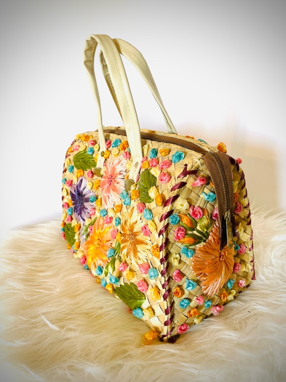 VTG Handbag Straw Raffia Floral Woven Bag Mid Century Philippines Colorful Purse - Picture 4 of 13